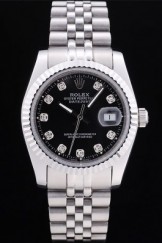 Rolex Datejust Black Dial Diamonds Ribbed Bezel 7458