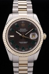 Rolex Top Replica 8690 Silver Stainless Steel Strap DateJust Gold Ribbed Pattern Bezel Black Dial