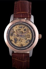 Vacheron Constantin Black Skeleton Watch with Rose Gold Bezel and Brown Leather Strap 621540