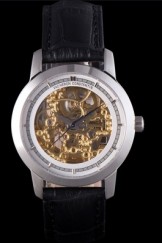 Vacheron Constantin White Skeleton Watch with Rose Silver Bezel and Black Leather Strap 621541