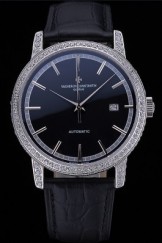 Swiss Vacheron Constantin Patrimony Traditionnelle Diamonds Case Black Leather Bracelet 622557