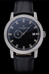 Swiss Vacheron Constantin Patrimony Contemporaine Steel Diamond Case Black Dial Black Leather Bracelet 622685