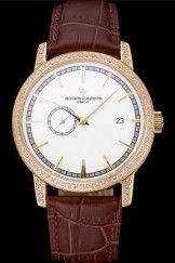Swiss Vacheron Constantin Patrimony Contemporaine Gold Diamond Case White Dial Brown Leather Bracelet 622686