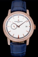 Swiss Vacheron Constantin Patrimony Contemporaine Gold Diamond Case White Dial Blue Leather Bracelet 622688